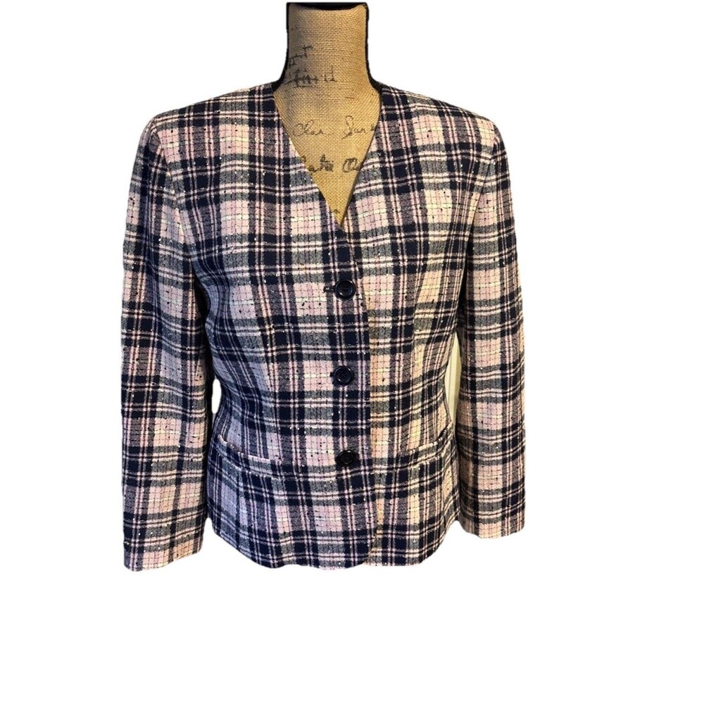 Pendleton Wool Blazer Woman’s 10 Petite Shoulder Pads  Pink Blue Plaid